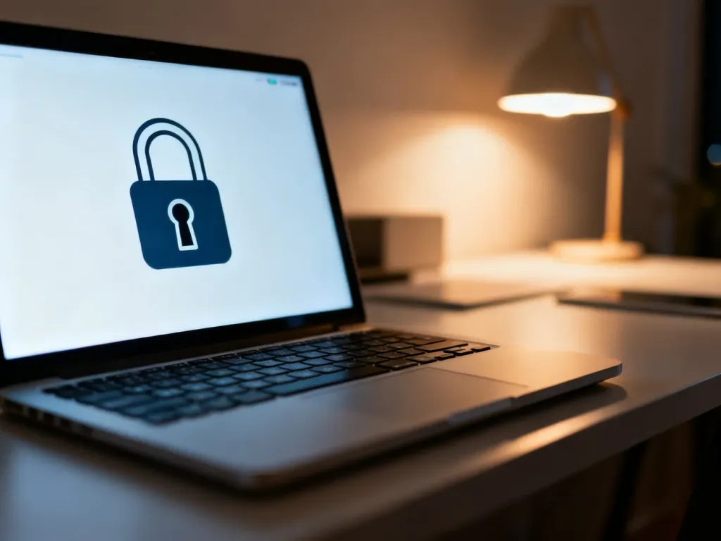 Nowoczesny laptop z ikoną otwartej kłódki na ekranie logowania, symbolizujący proces usuwania hasła z systemu.