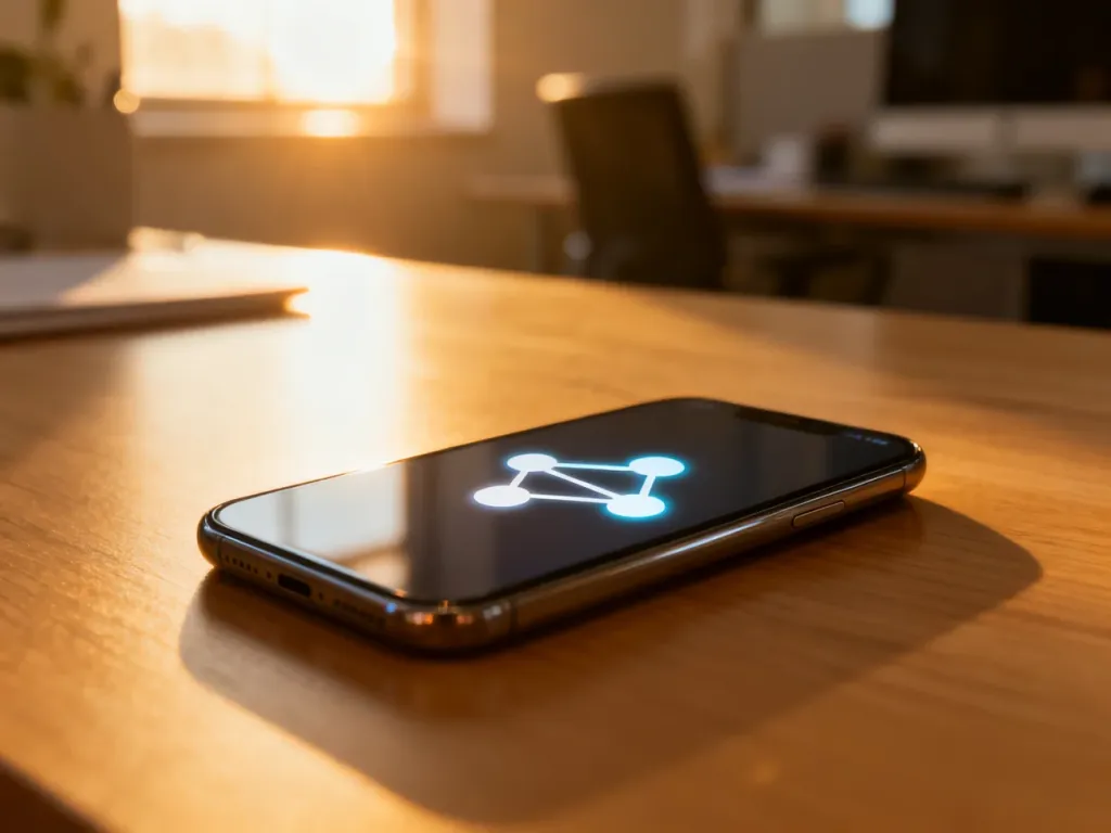 Smartfon z ikoną mediów społecznościowych na ekranie leżący na biurku, symbolizujący zarządzanie obserwującymi na Facebooku.