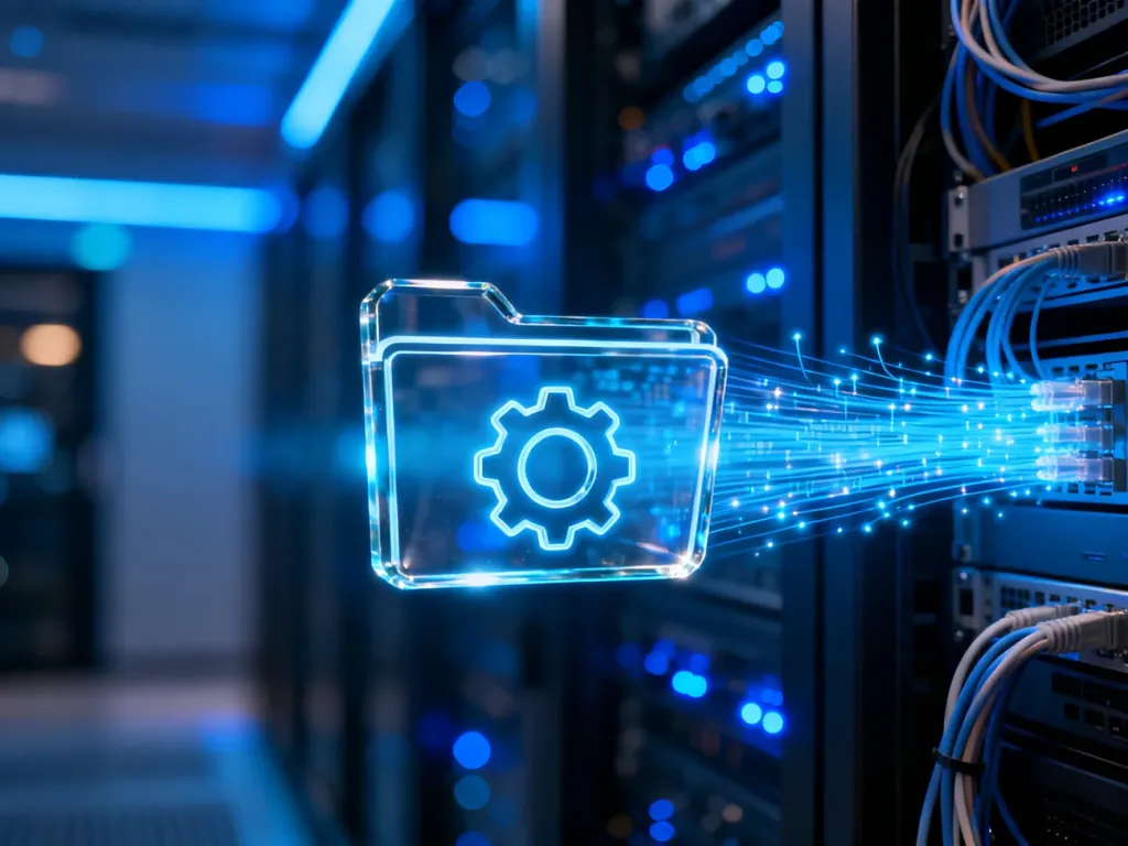 Cyfrowy strumień danych integrujący się z ikoną instalatora systemu w nowoczesnej serwerowni.