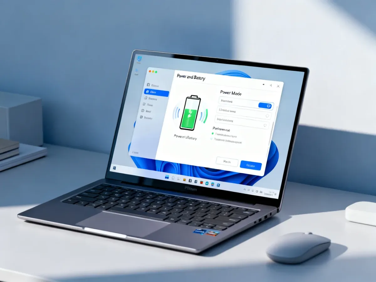 Laptop z otwartymi ustawieniami trybu zasilania i baterii