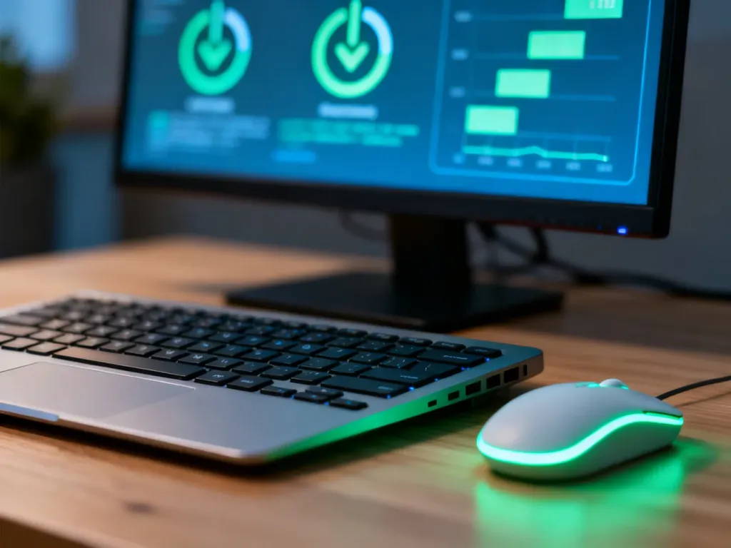 Nowoczesny laptop i mysz na biurku, a w tle monitor z ikonami oszczędzania energii, ilustrujące zarządzanie zasilaniem.