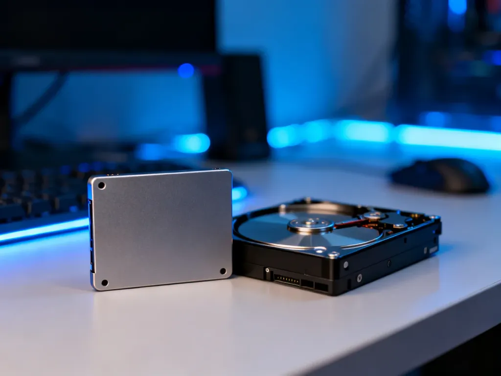 Porównanie nowoczesnego dysku SSD z tradycyjnym HDD na tle stanowiska komputerowego z niebieskim podświetleniem.