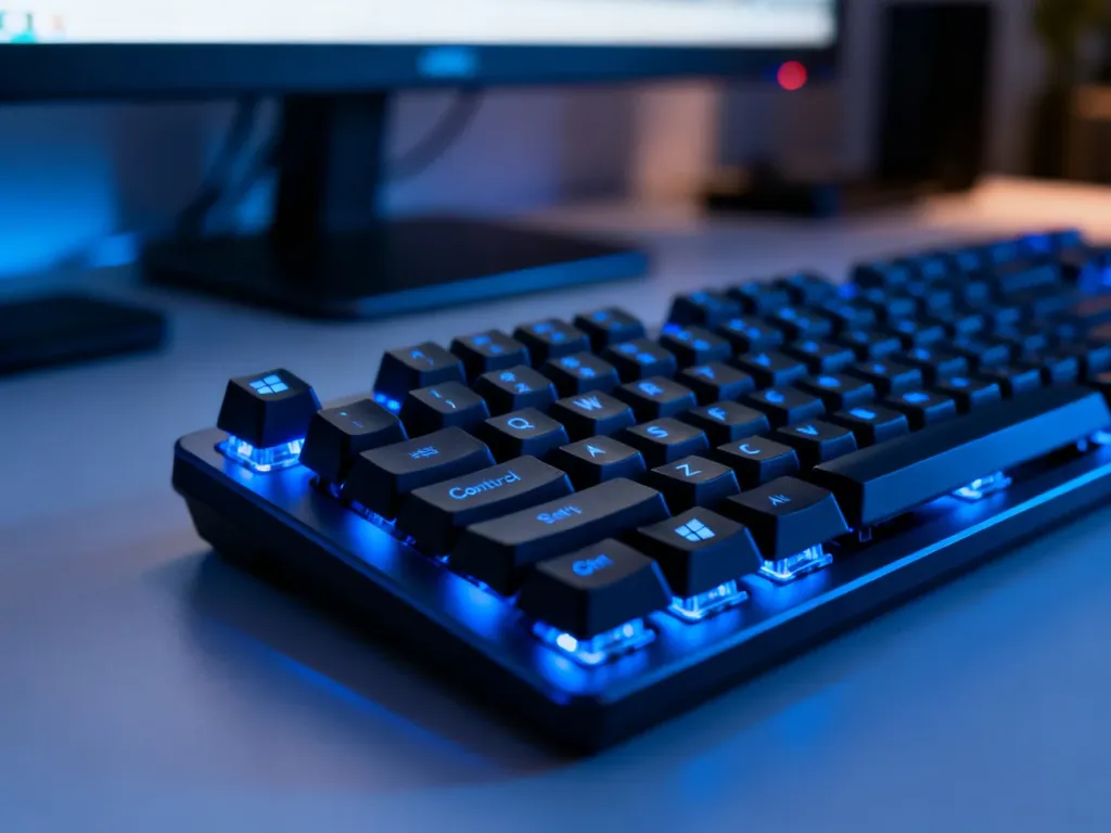 Zbliżenie na podświetlaną klawiaturę mechaniczną z widocznymi klawiszami Windows i Control w nowoczesnym biurze.
