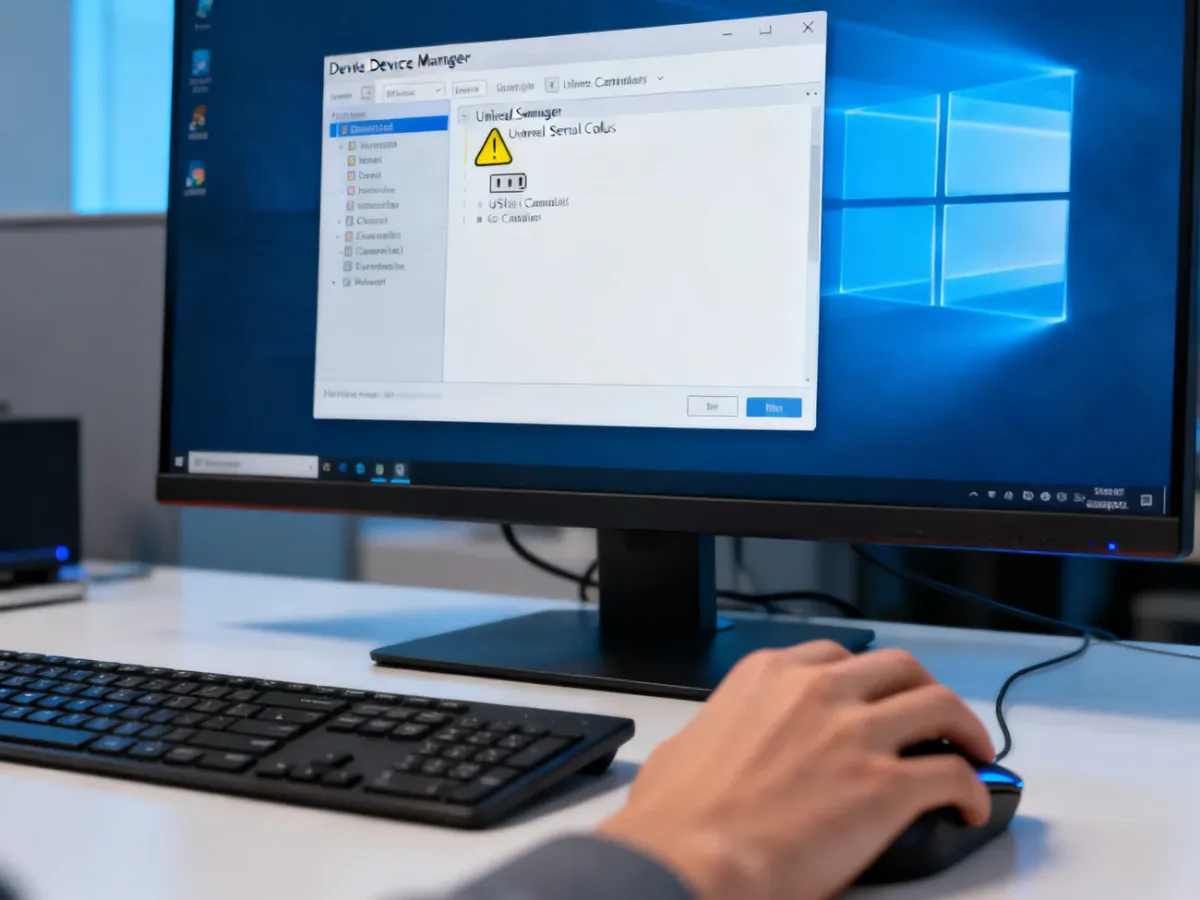 Menedżer urządzeń z rozwiniętą sekcją kontrolerów USB i ostrzeżeniem przy jednym urządzeniu
