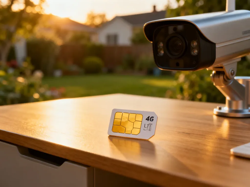 Karta SIM 4G LTE leżąca obok kamery monitoringu na tle ogrodu, ilustrująca wybór łączności dla systemów ochrony.