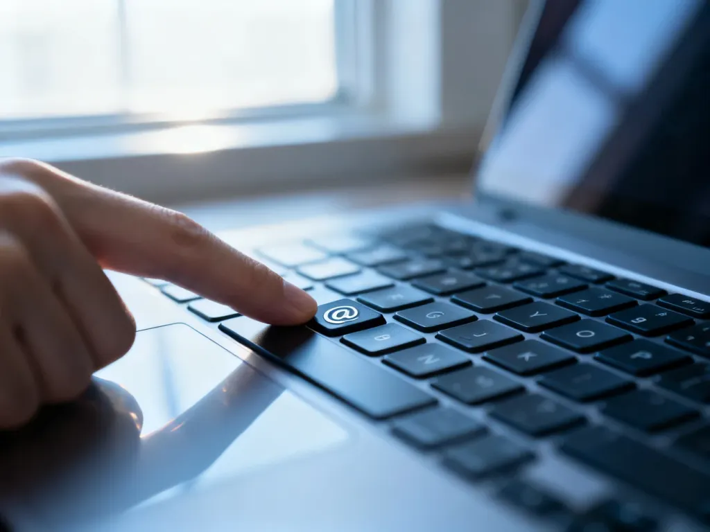 Zbliżenie na palec naciskający klawisz z symbolem „małpy” (@) na klawiaturze laptopa w świetle poranka.