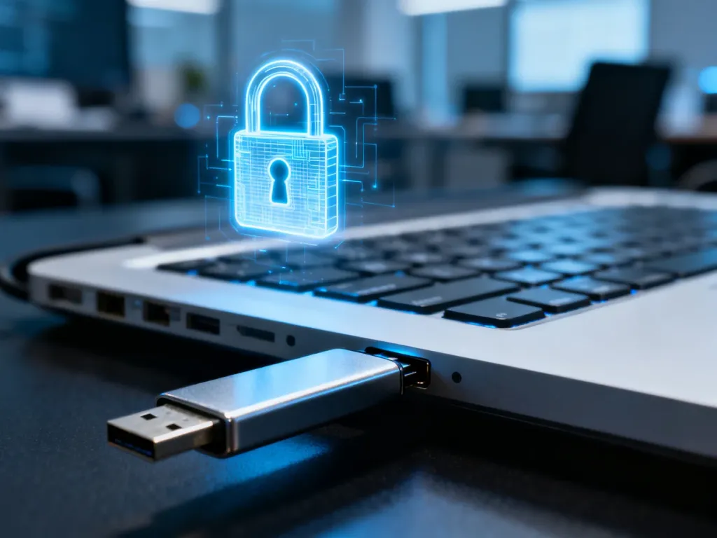 Pendrive wpięty do laptopa z cyfrową ikoną kłódki, symbolizującą szyfrowanie danych za pomocą BitLockera.