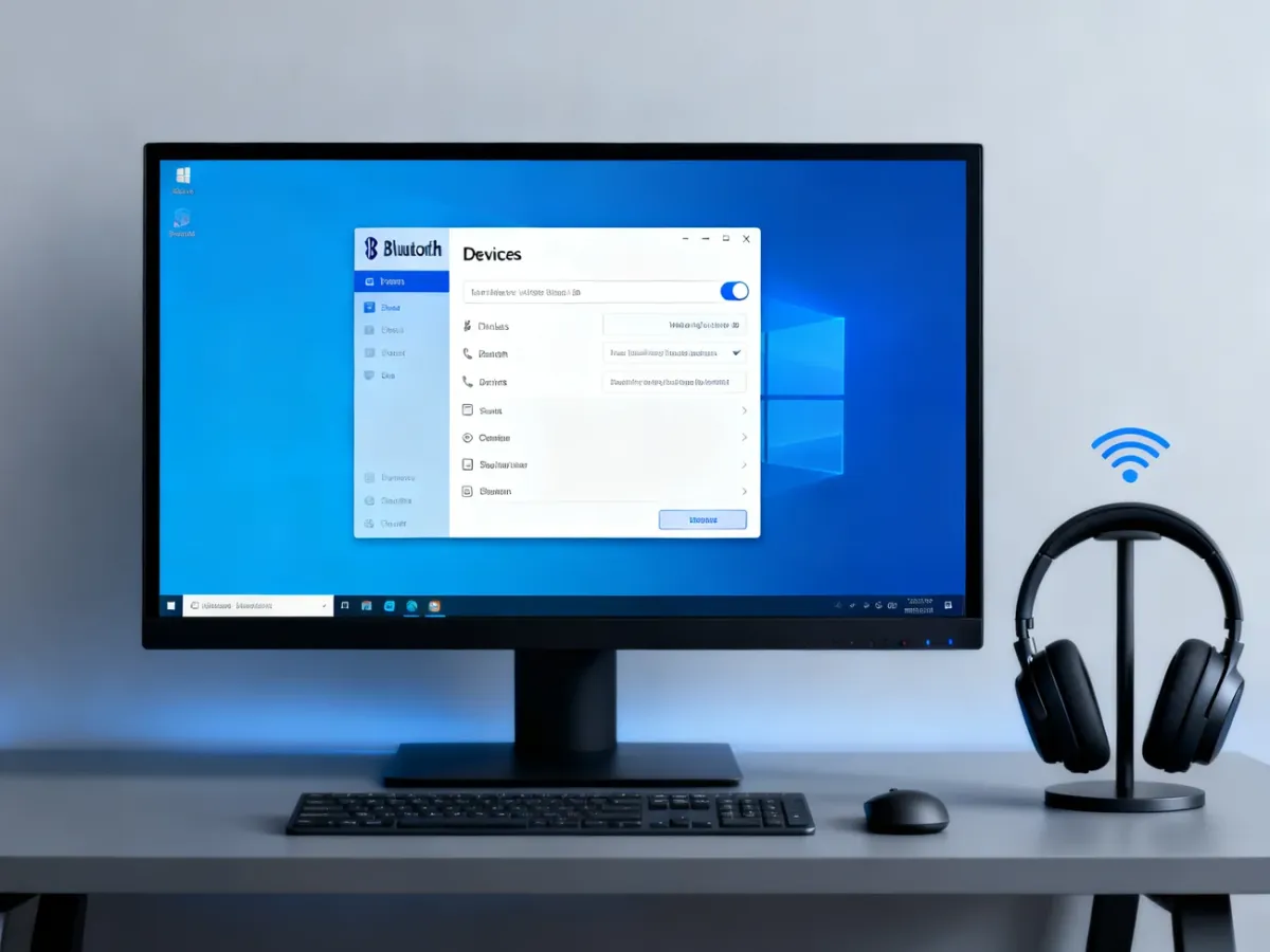 Ustawienia Bluetooth w Windows 10 z włączonym przełącznikiem i słuchawkami gotowymi do parowania