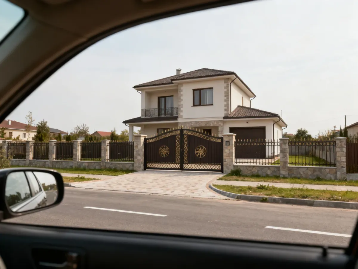 Widok elewacji domu i ogrodzenia z poziomu ulicy