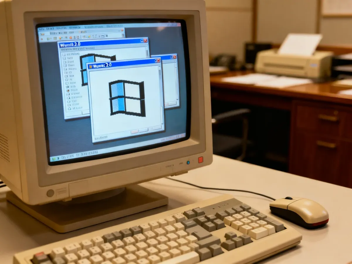 Nakładające się okna aplikacji Windows 2.0 na zabytkowym komputerze
