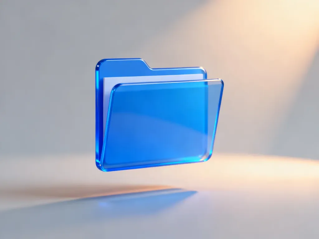 Trójwymiarowa, niebieska ikona folderu w minimalistycznej przestrzeni cyfrowej, symbolizująca personalizację systemu.