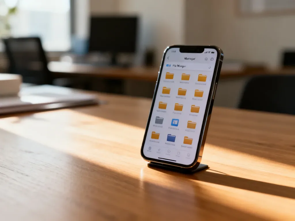 Nowoczesny smartfon leżący na drewnianym biurku z otwartą aplikacją menedżera plików na ekranie.