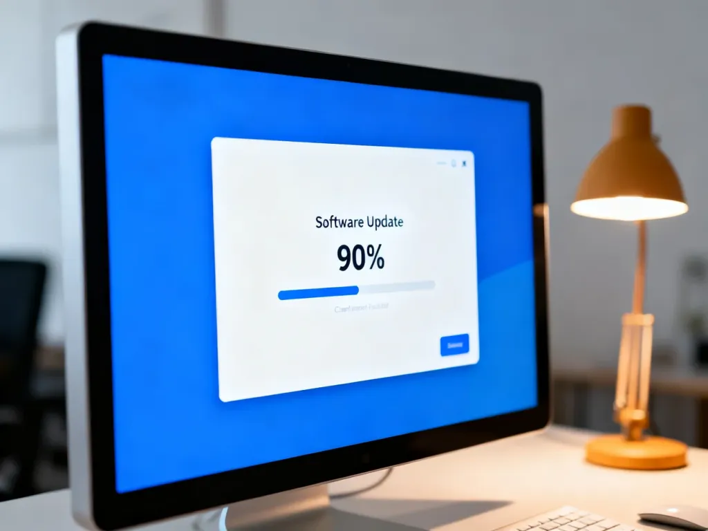 Ekran komputera z paskiem postępu aktualizacji systemu Windows w nowoczesnym biurze.