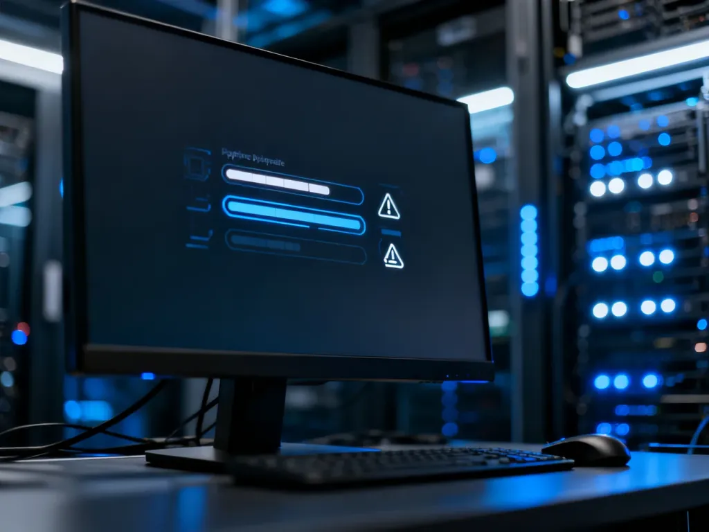 Nowoczesny ekran komputera z paskami postępu aktualizacji systemu na tle serwerowni, symbolizujący proces serwisowania Windows.