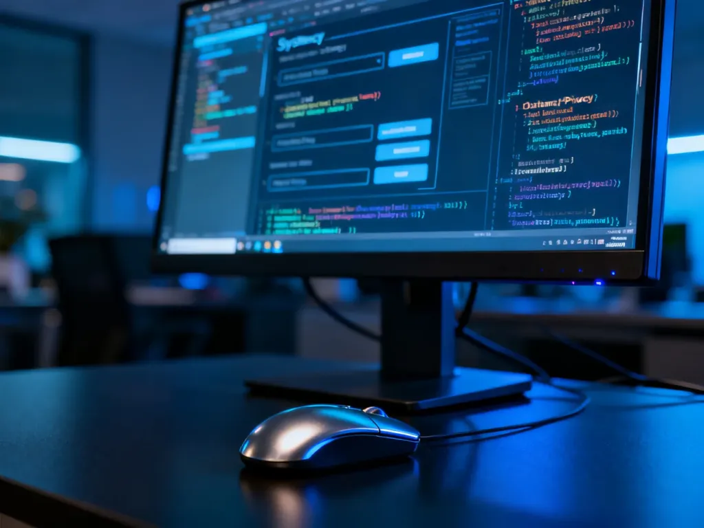 Monitor komputera z wyświetlonymi ustawieniami prywatności systemu i kodem, symbolizujący zarządzanie danymi w Windows.