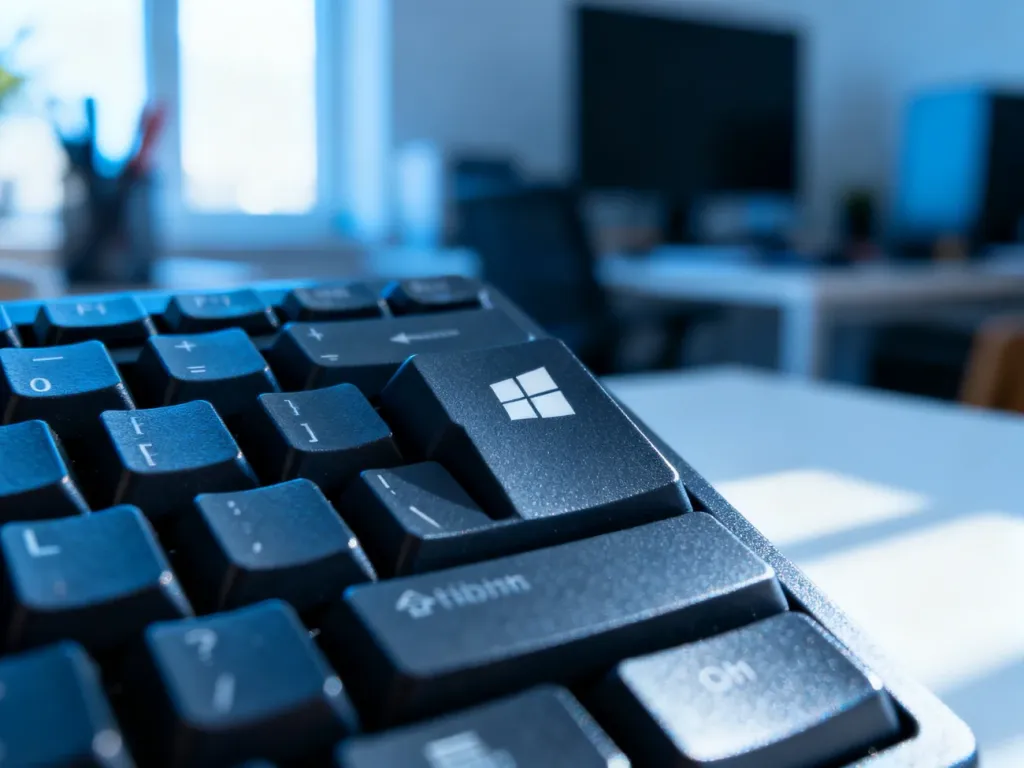 Zbliżenie na klawisz Windows na mechanicznej klawiaturze w nowoczesnym biurze.