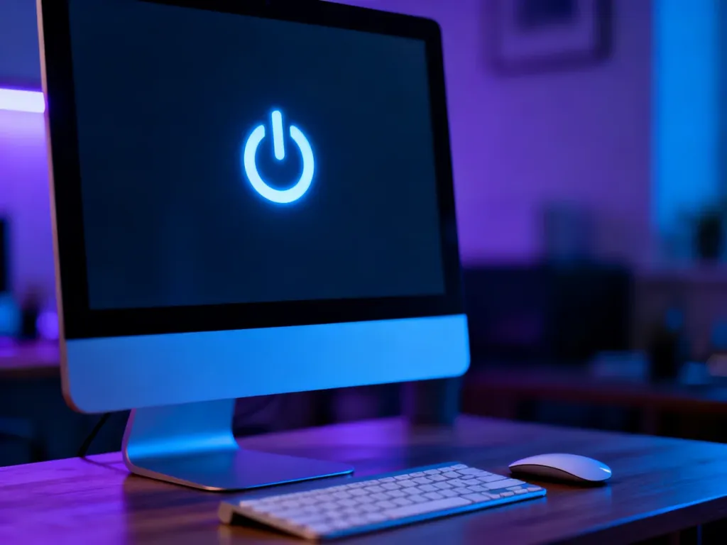 Podświetlona ikona zasilania na ekranie monitora w przyciemnionym biurze, symbolizująca ustawienia zarządzania energią.