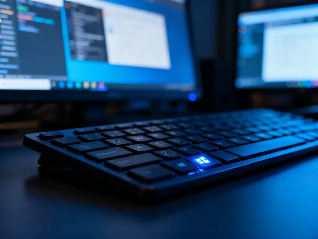Podświetlony klawisz Windows na klawiaturze komputerowej w otoczeniu wielu otwartych okien aplikacji na ekranie.