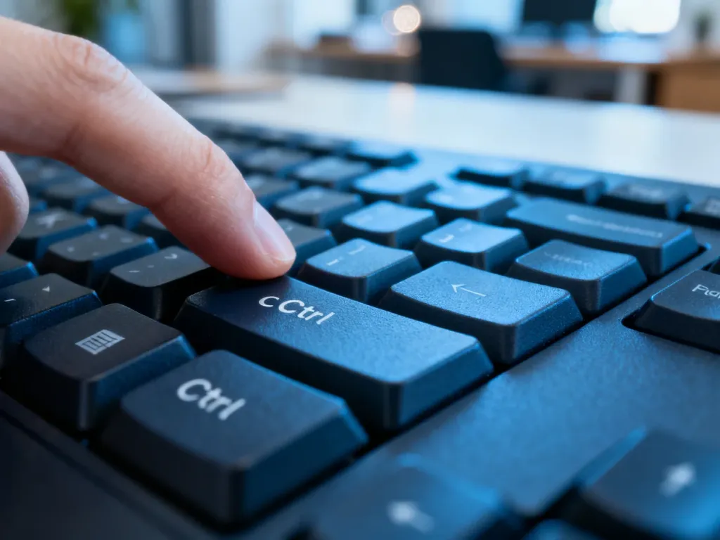 Palec naciskający klawisze Ctrl i C na klawiaturze, ilustrujący proces szybkiego kopiowania plików za pomocą skrótów.