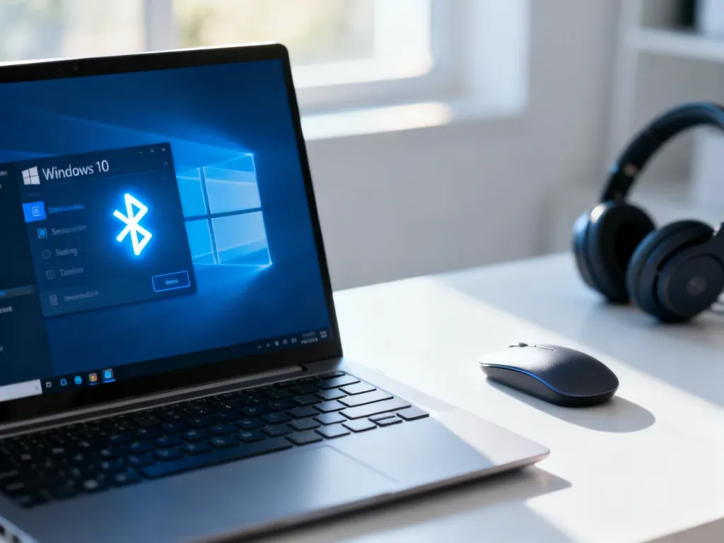Ekran laptopa z otwartym menu ustawień systemu Windows 10 i wyróżnioną ikoną Bluetooth na biurku.