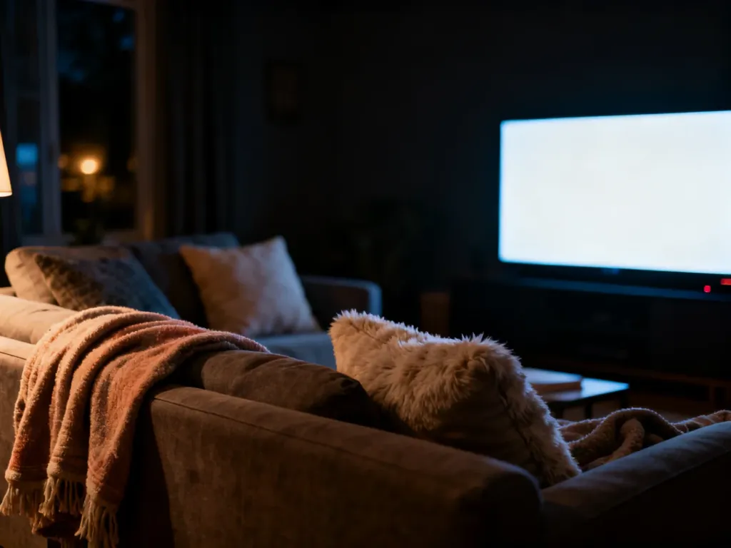 Przytulny salon z wygodną kanapą i włączonym telewizorem, tworzący relaksującą atmosferę idealną do wieczornego seansu.