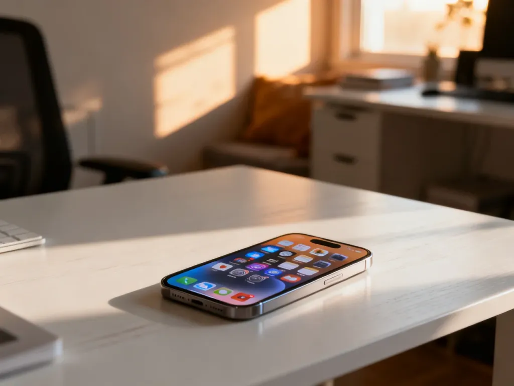 Nowoczesny iPhone leżący na biurku, prezentujący uporządkowany ekran główny z aplikacjami w słonecznym biurze.
