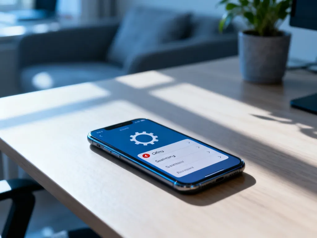 Smartfon na drewnianym biurku z otwartym menu ustawień, gdzie wyłączana jest ikona powiadomień.