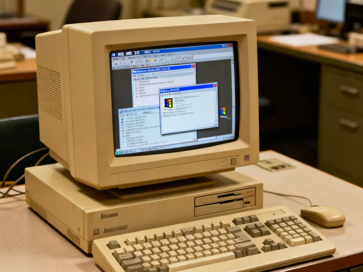 Komputer z końca lat 80. uruchamiający Windows 2.0 na ekranie monitora CRT