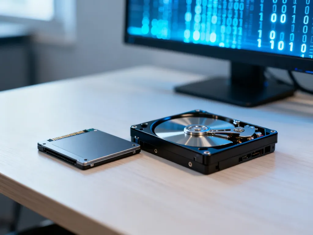 Dysk SSD i HDD leżące na biurku na tle monitora z kodem binarnym, symbolizujące wybór systemu plików dla Windows.