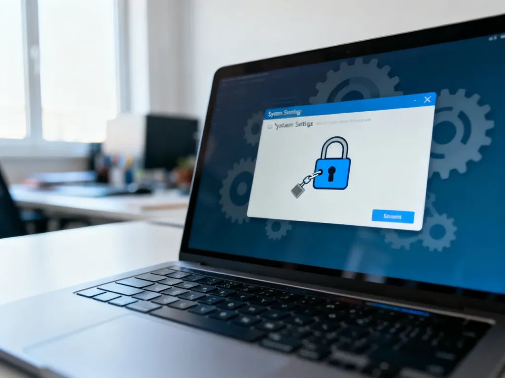 Ekran laptopa z otwartą ikoną kłódki w ustawieniach zabezpieczeń systemu Windows 10 na biurku w domowym biurze.