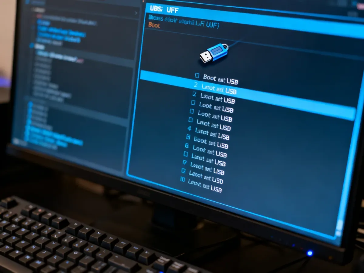Ekran BIOS/UEFI z listą urządzeń startowych i pendrive’em ustawionym na pierwszym miejscu