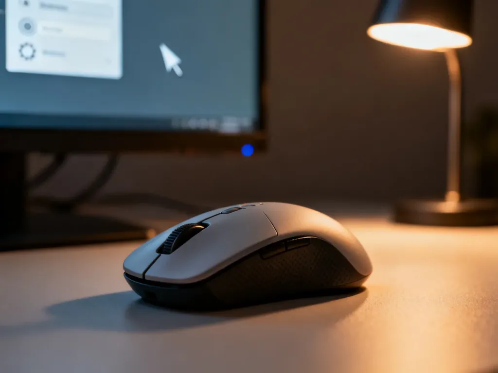 Nowoczesna mysz ergonomiczna na biurku z widocznym w tle ekranem ustawień systemu Windows.