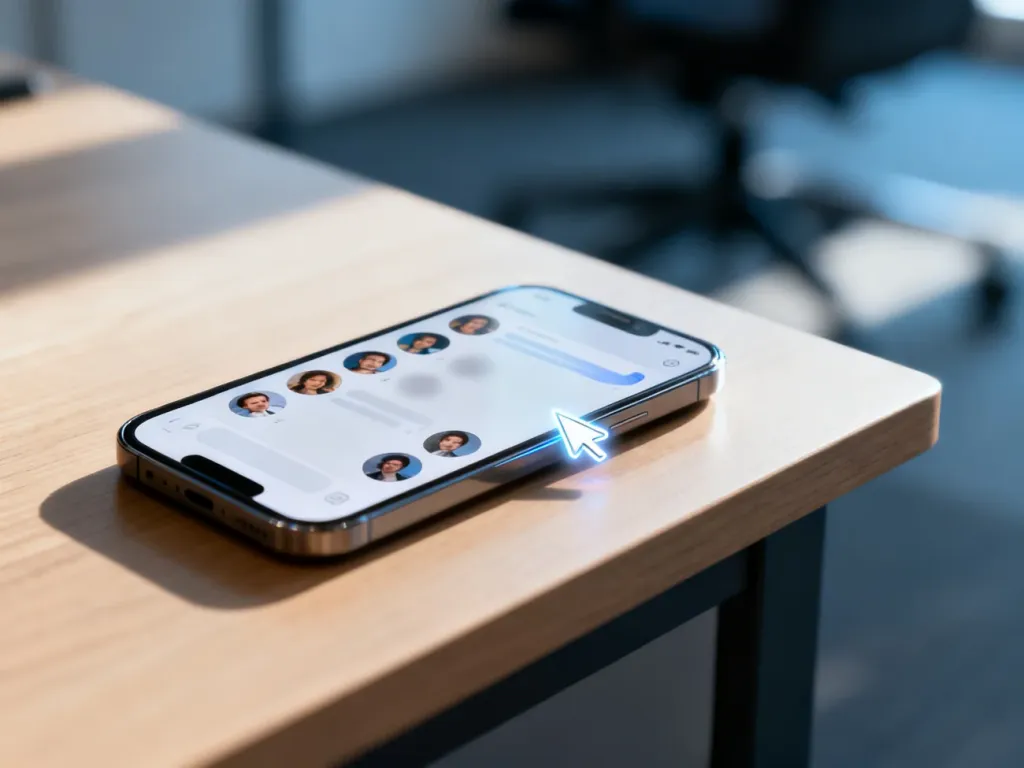 Smartfon na drewnianym biurku z otwartym interfejsem czatu, na którym kursor usuwa wybrane awatary kontaktów.