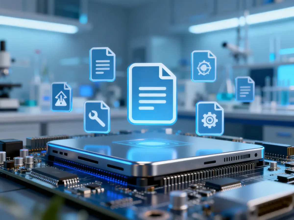 Ikony plików instalacyjnych unoszące się nad nowoczesną płytą główną komputera w technologicznym, niebieskim oświetleniu.