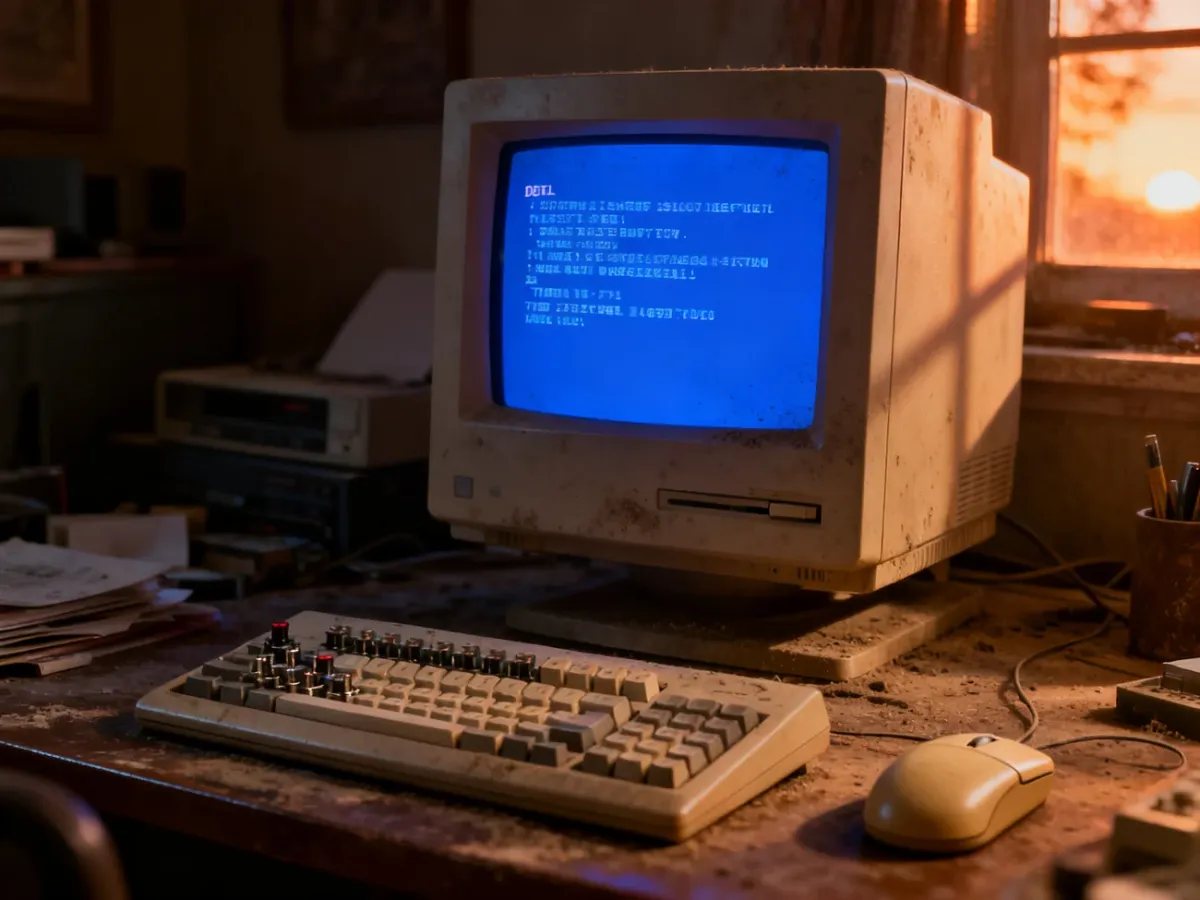 Stary monitor komputerowy z lat 90. wyświetlający niebieski ekran błędu na zakurzonym biurku w domowym biurze.