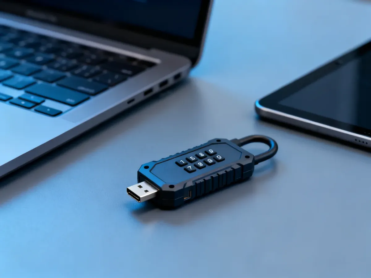 Wytrzymały pendrive z szyfrowaniem sprzętowym obok laptopa i tabletu