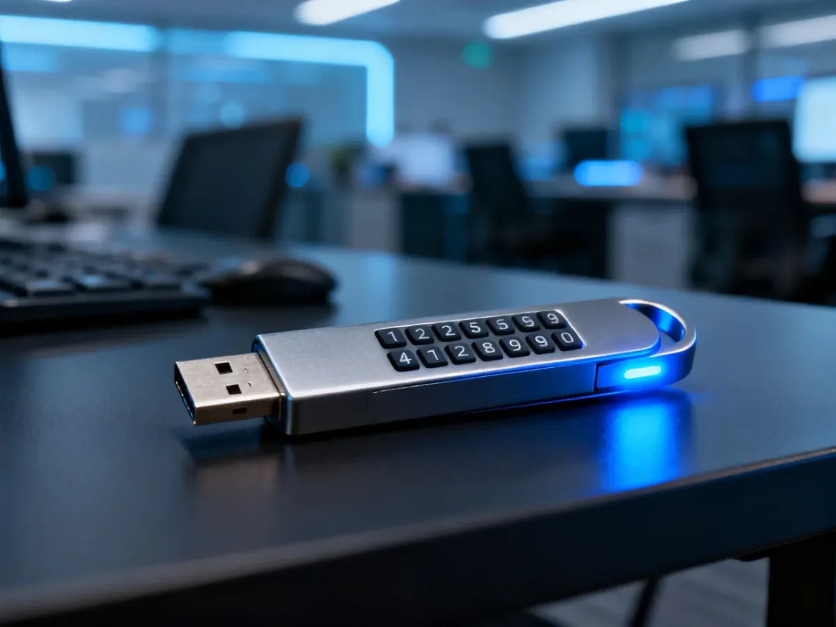 Metalowy pendrive z fizyczną klawiaturą numeryczną i świecącą diodą, sygnalizującą aktywny stan szyfrowania danych.