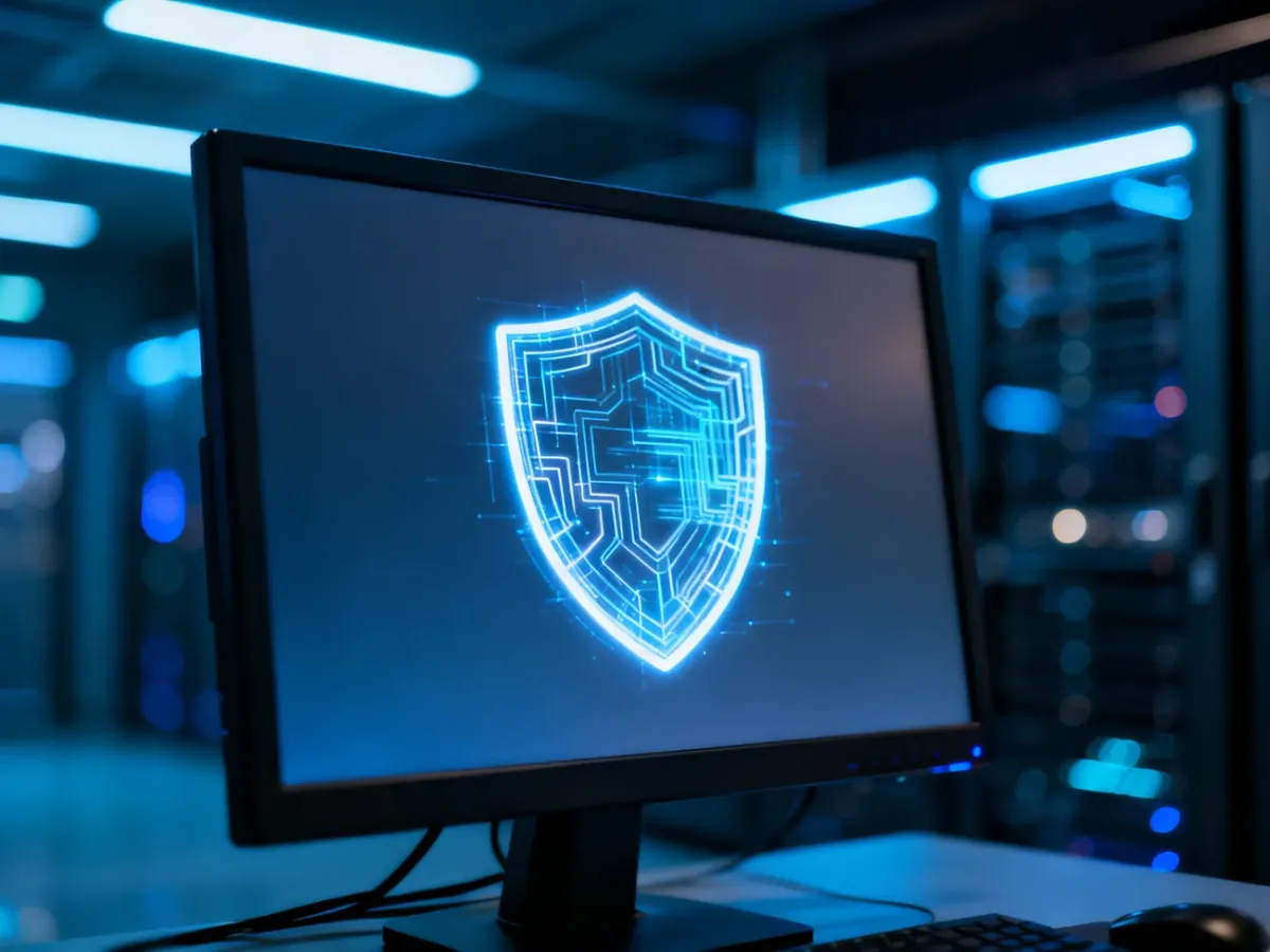 Niebieska ikona tarczy cyfrowej na ekranie monitora, symbolizująca bezpieczeństwo w systemie Windows.