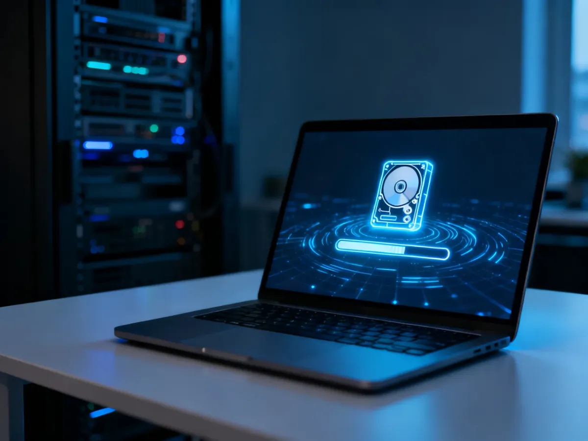 Nowoczesny laptop z animacją paska postępu pobierania plików, symbolizujący proces instalacji systemu Windows.