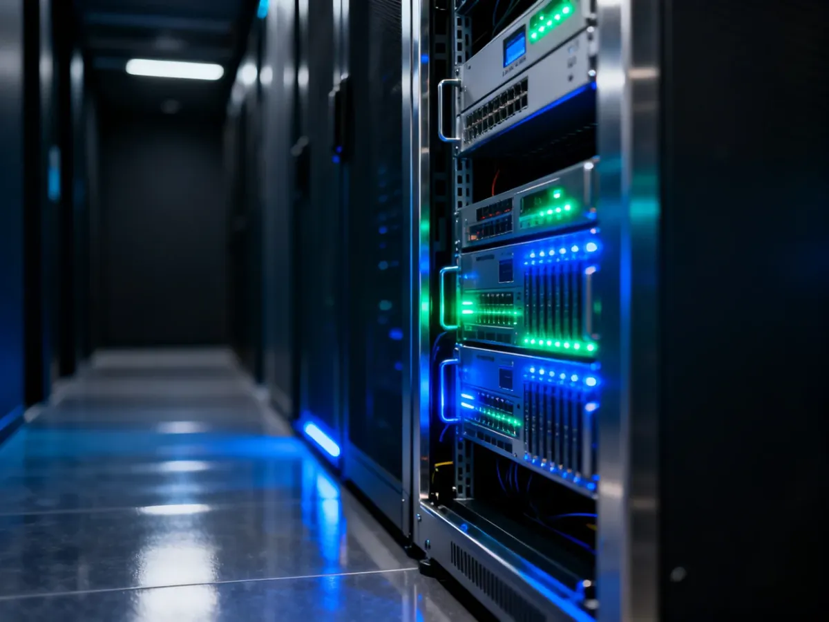 Nowoczesna serwerownia z podświetlanymi szafami rack, symbolizująca bezpieczeństwo infrastruktury IT.